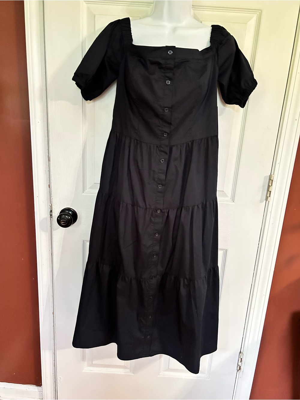 NY&C 3 Tiered Midi Poplin Puff-Sleeve Black Dress Size M